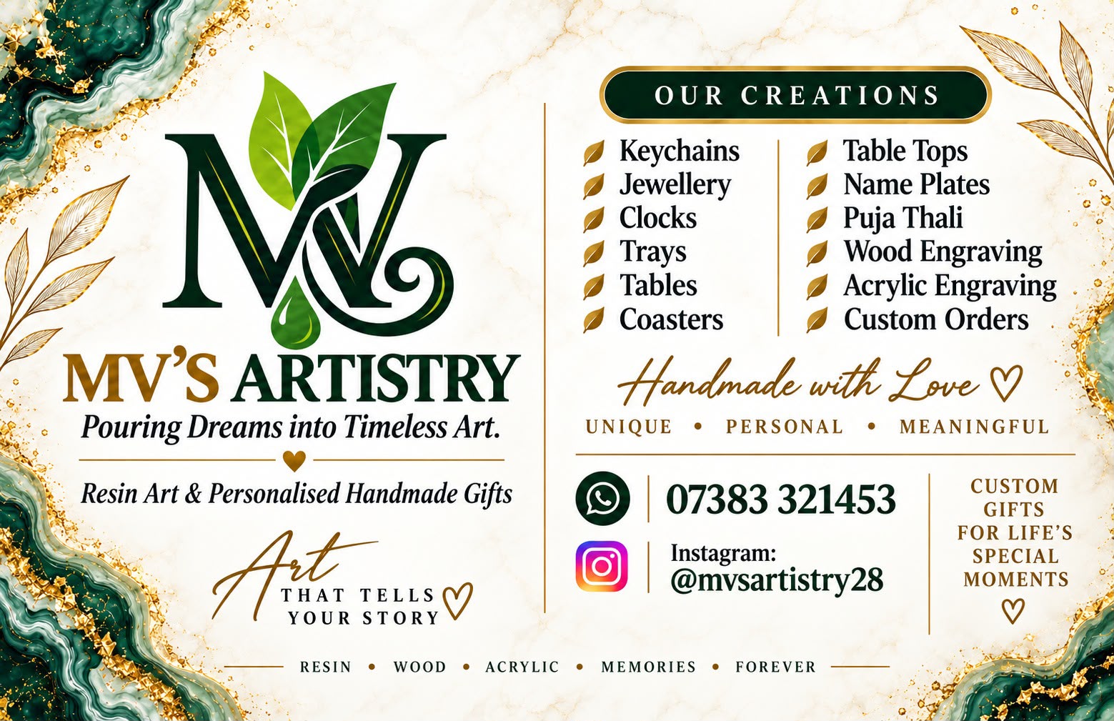 MV'S Artistry business card and brand details